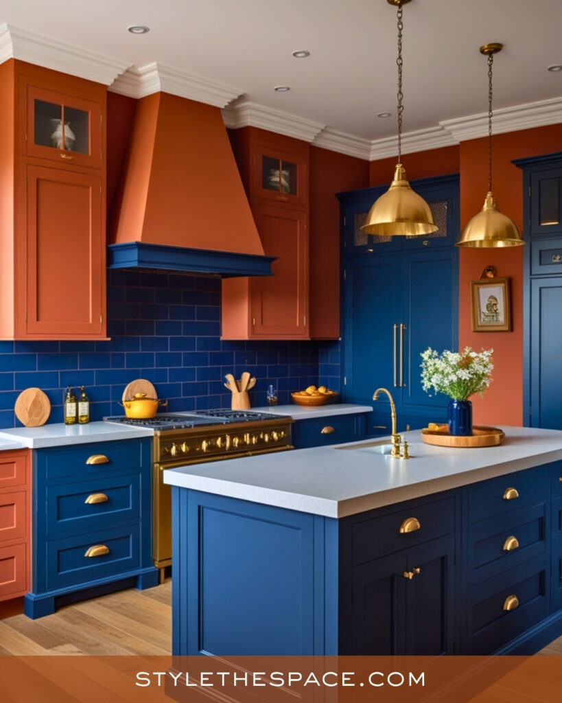 Terracotta Walls With Navy Blue Kitchen Cabinets