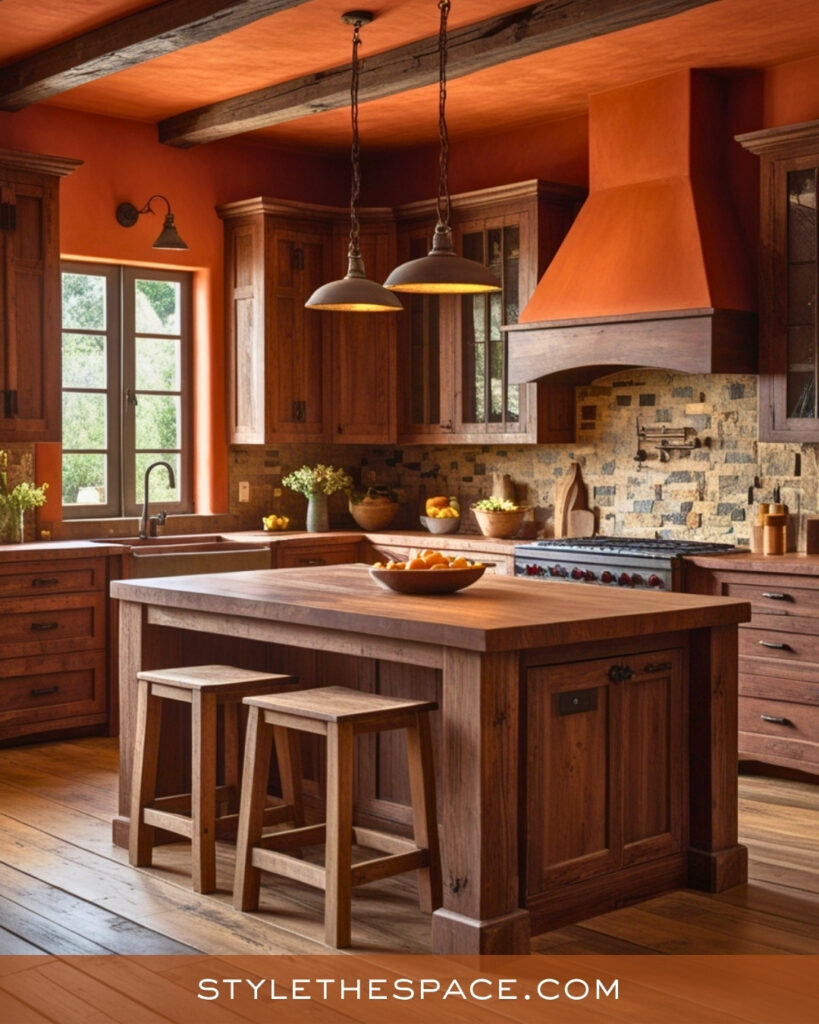 Warm Terracotta Kitchen With Rustic Wood Accents