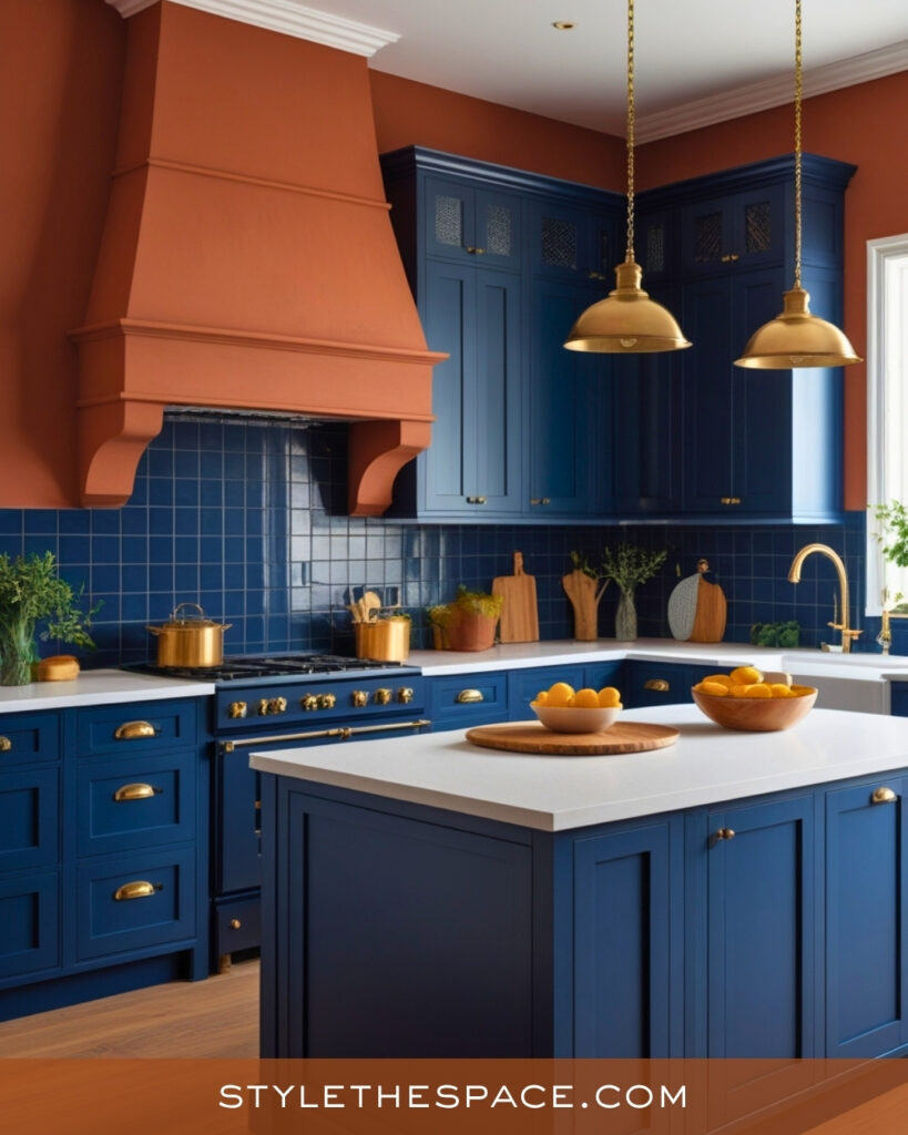 Terracotta Walls With Navy Blue Kitchen Cabinets