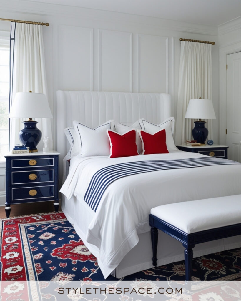 Crisp White Bedroom with Navy and Red Preppy Accents