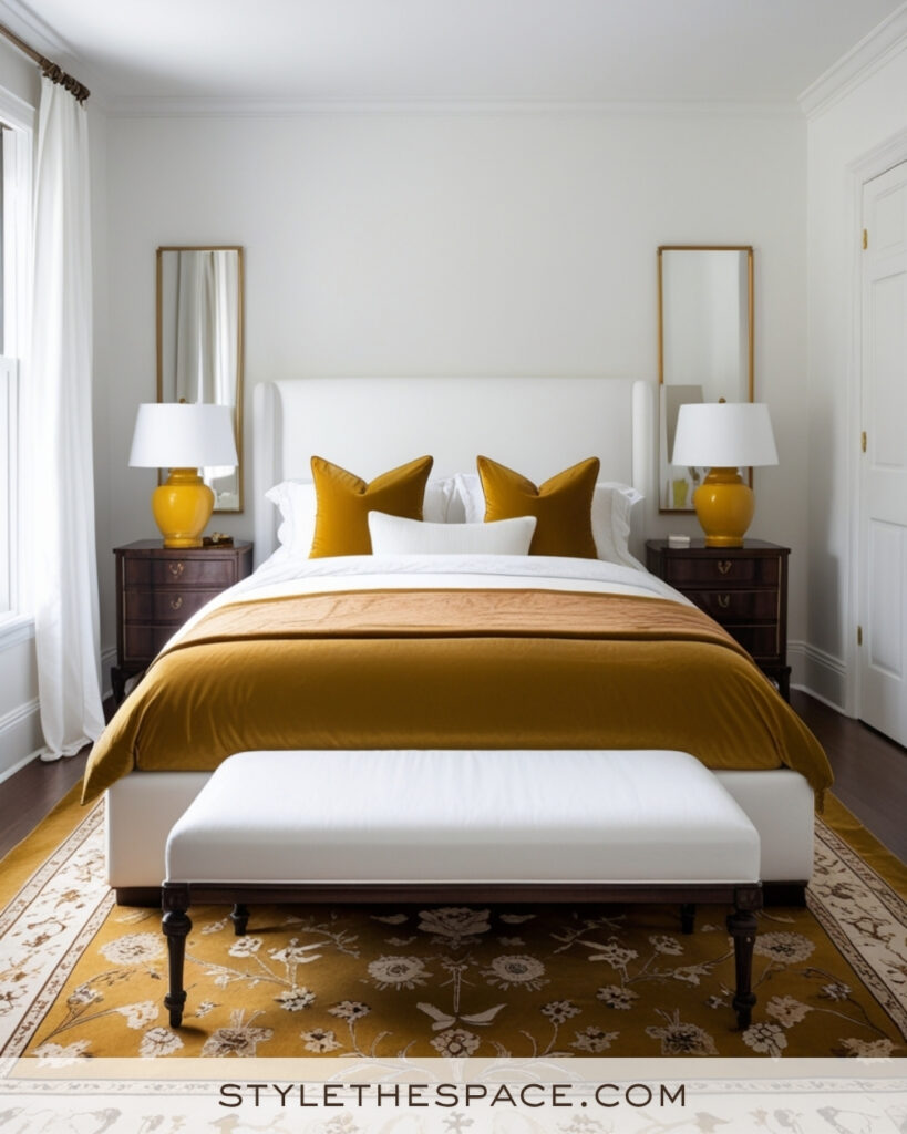 White Bedroom with Mustard Gold Accents