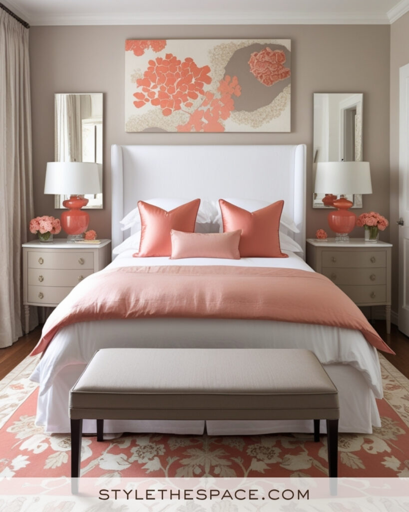 White Bedroom with Soft Coral and Warm Neutral Accents