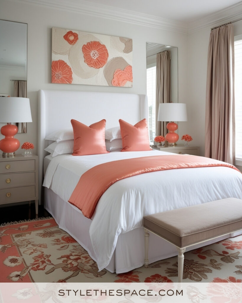 White Bedroom with Soft Coral and Warm Neutral Accents