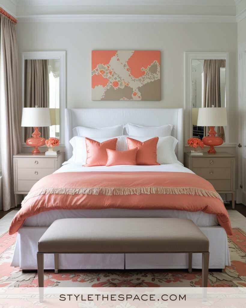 White Bedroom with Soft Coral and Warm Neutral Accents