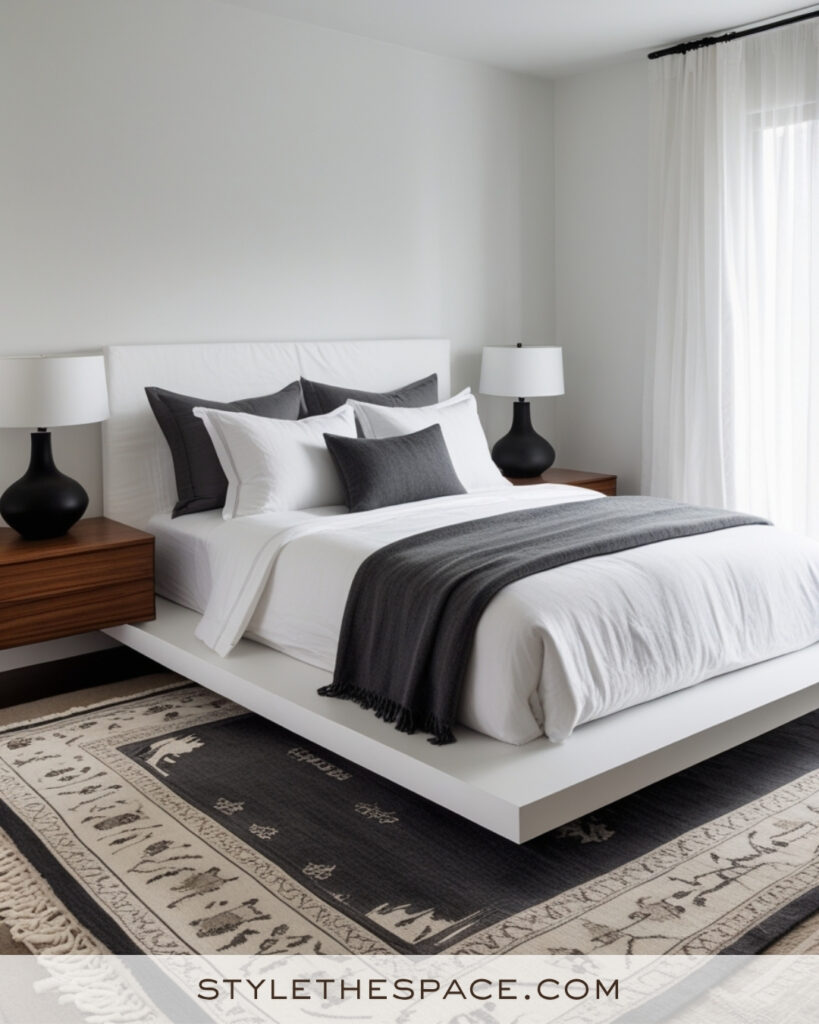 Minimalist White Bedroom with Charcoal and Wood Accents