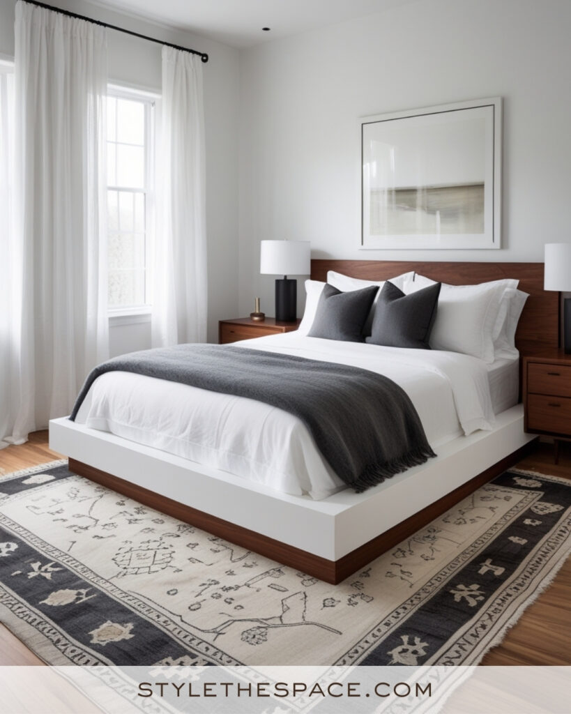Minimalist White Bedroom with Charcoal and Wood Accents