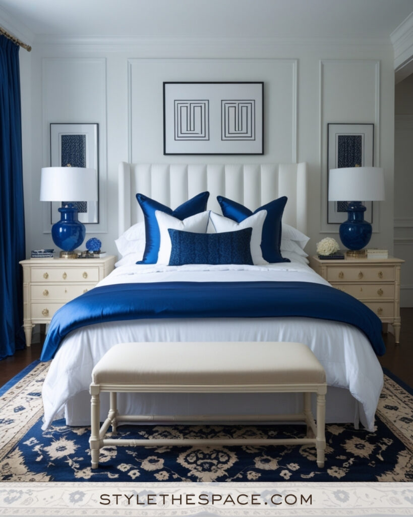 White Bedroom with Royal Blue Accents
