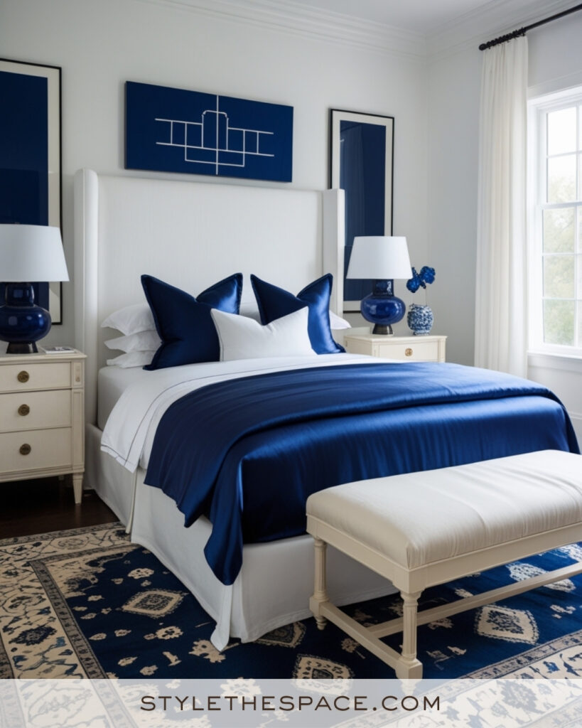 White Bedroom with Royal Blue Accents