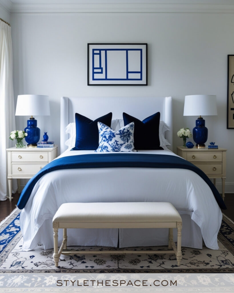 White Bedroom with Royal Blue Accents
