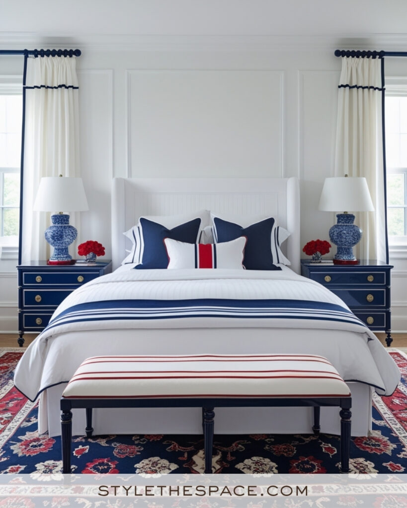 Crisp White Bedroom with Navy and Red Preppy Accents