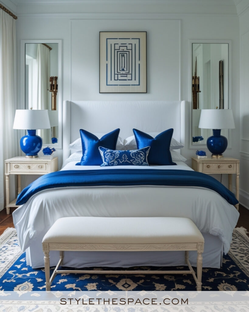 White Bedroom with Royal Blue Accents