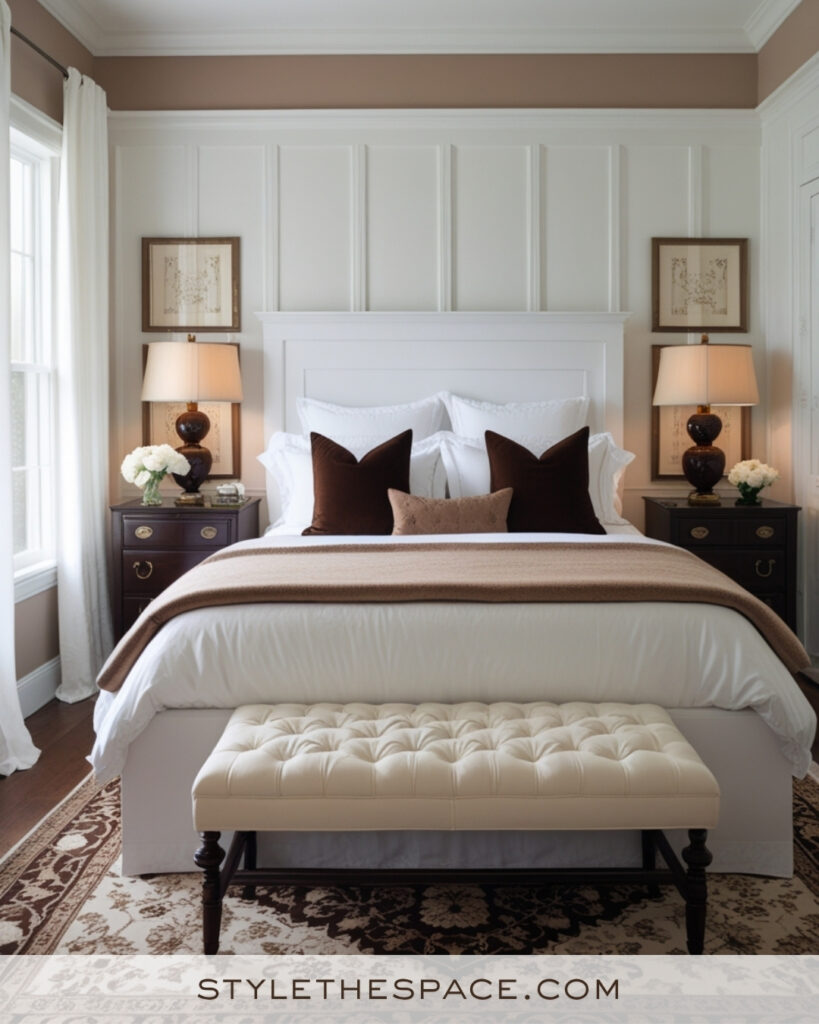 White Bedroom with Warm Brown and Taupe Accents