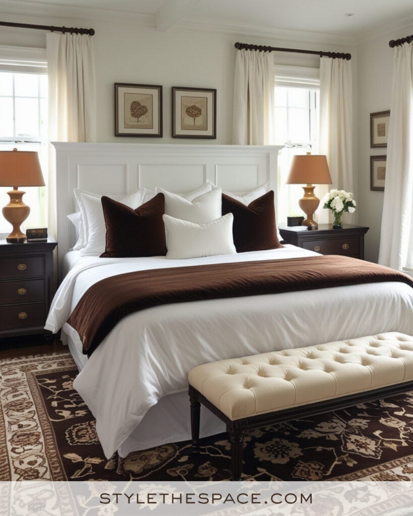 White Bedroom with Warm Brown and Taupe Accents