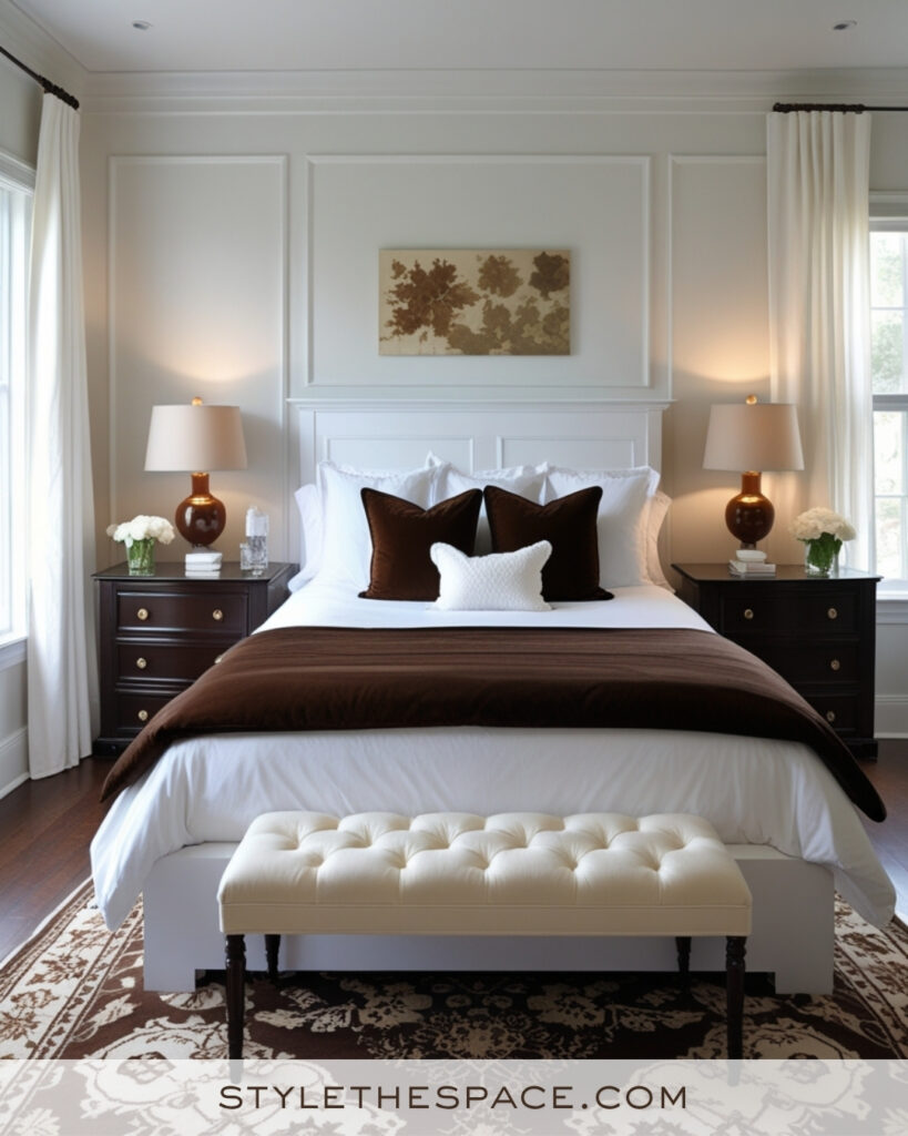 White Bedroom with Warm Brown and Taupe Accents