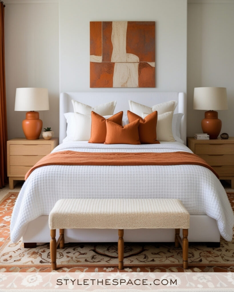 White Bedroom with Terracotta and Warm Wood Accents