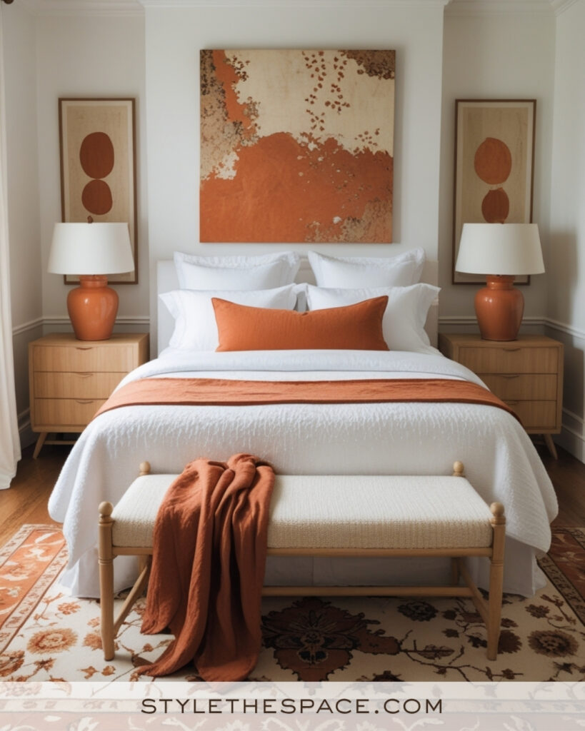 White Bedroom with Terracotta and Warm Wood Accents