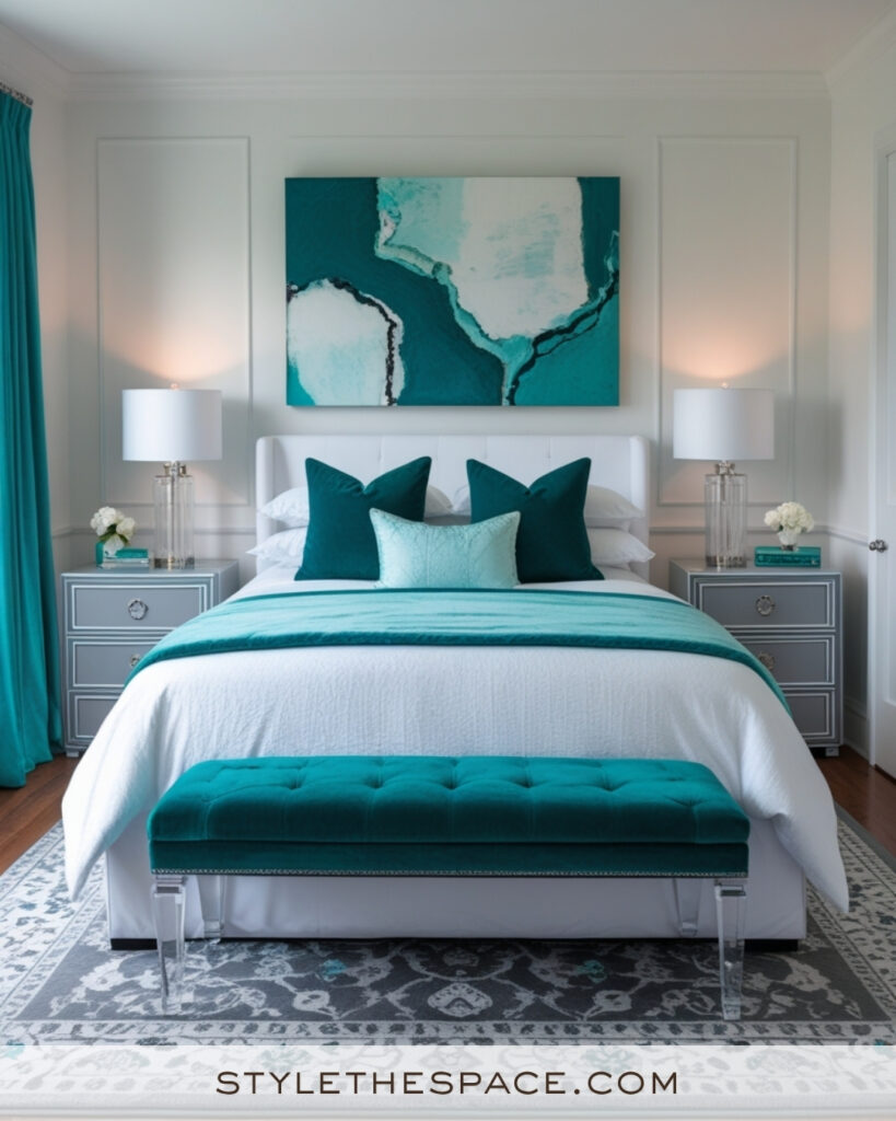 White Bedroom with Teal and Aqua Accents