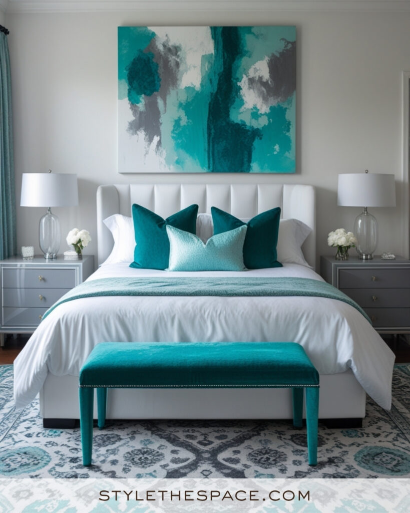 White Bedroom with Teal and Aqua Accents