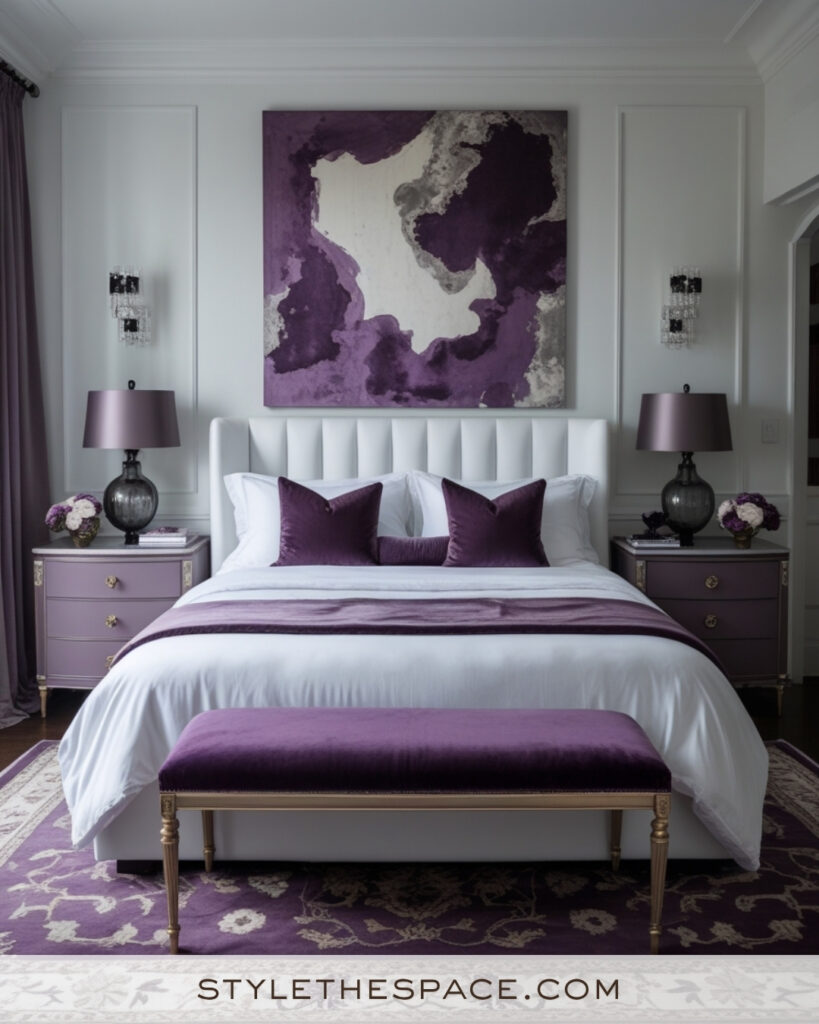 White Bedroom with Plum Purple Accents