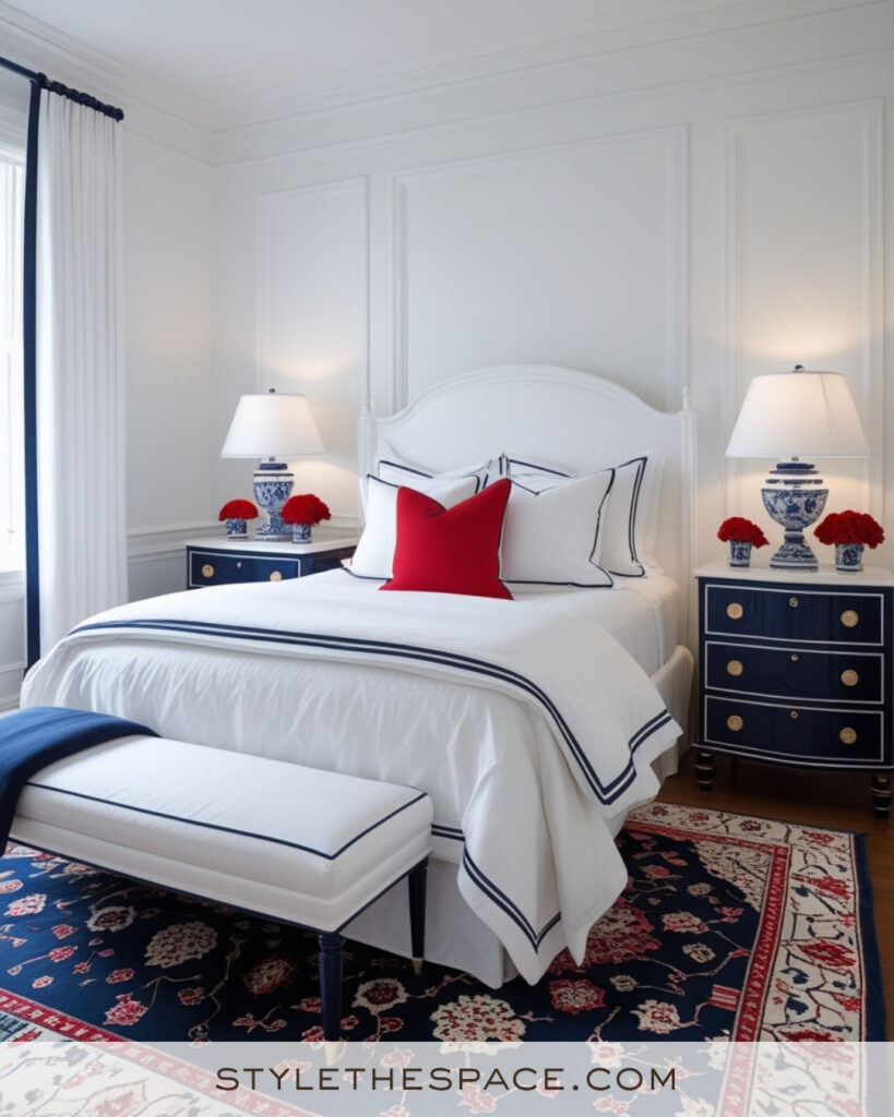 Crisp White Bedroom with Navy and Red Preppy Accents