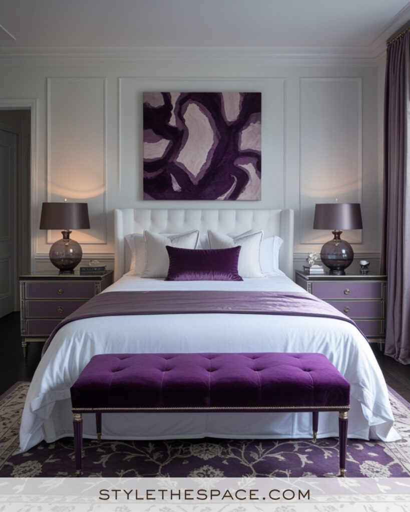 White Bedroom with Plum Purple Accents