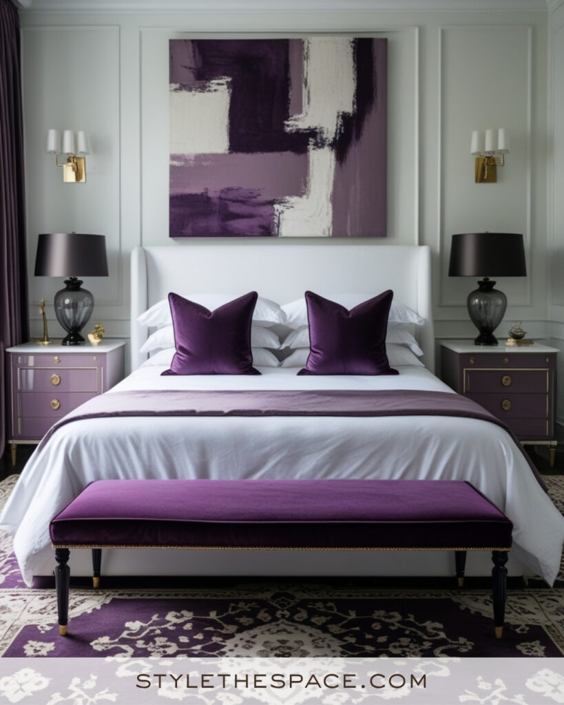 White Bedroom with Plum Purple Accents