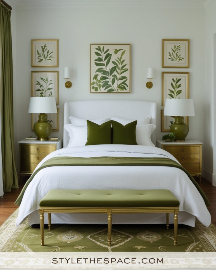 White Bedroom with Olive Green and Gold Accents