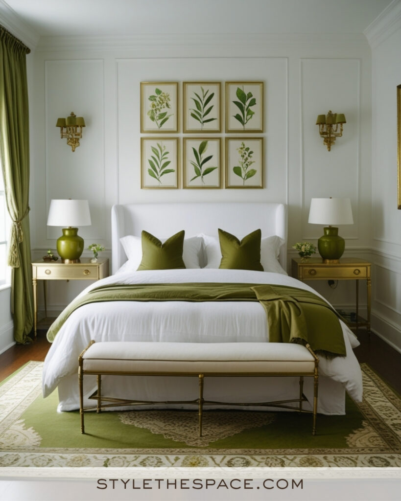 White Bedroom with Olive Green and Gold Accents