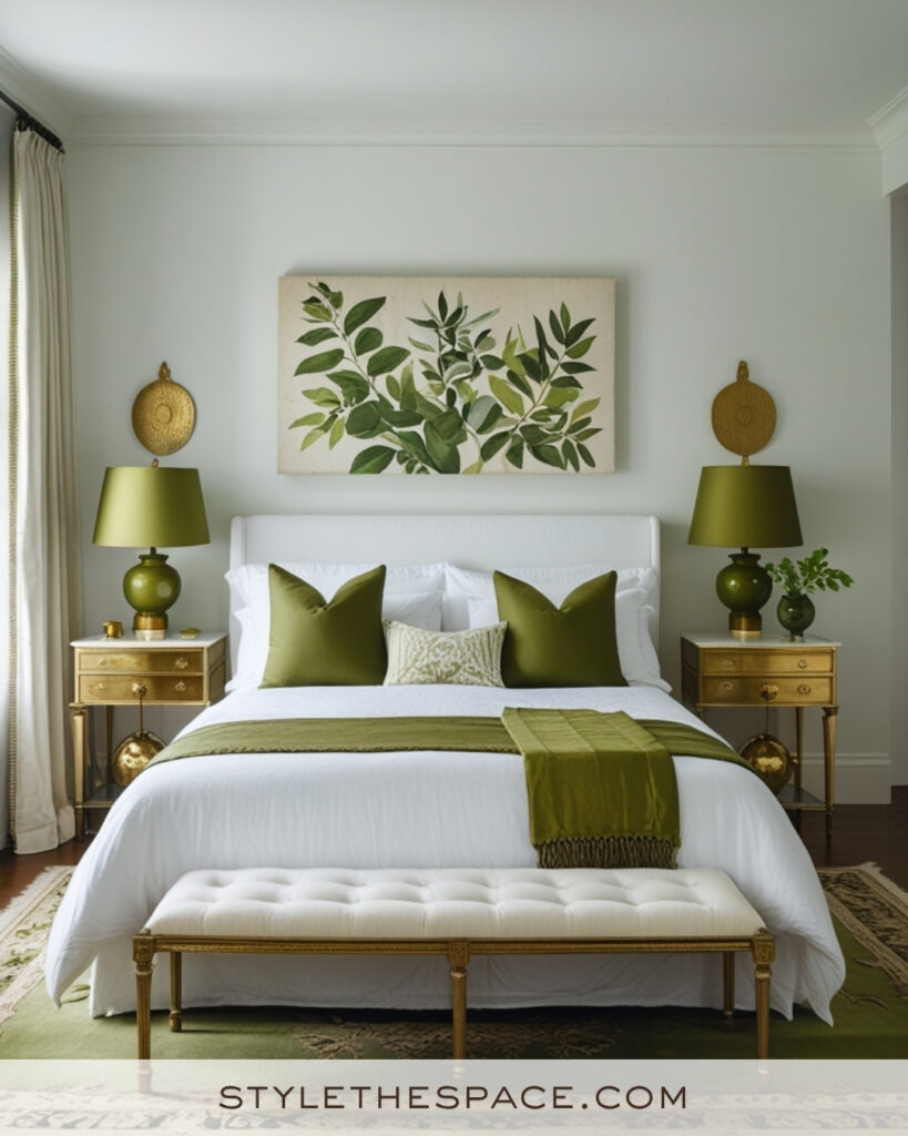 White Bedroom with Olive Green and Gold Accents