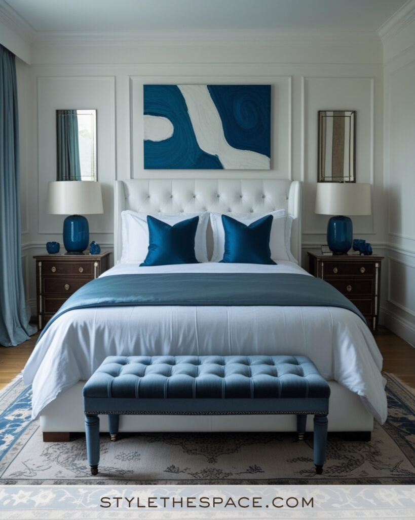 White Bedroom with Deep Blue and Soft Slate Accents