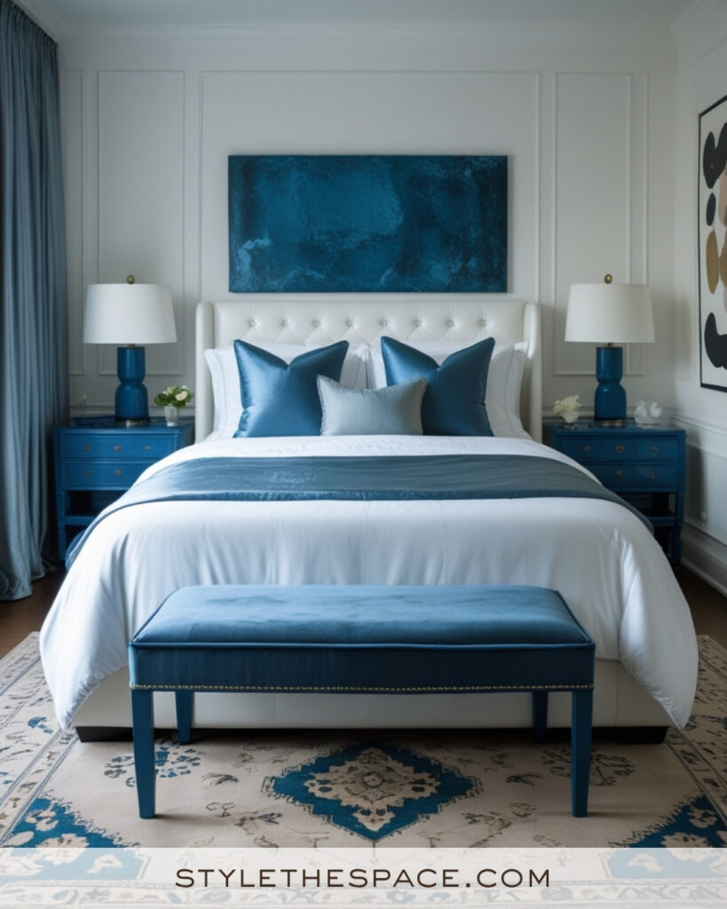 White Bedroom with Deep Blue and Soft Slate Accents