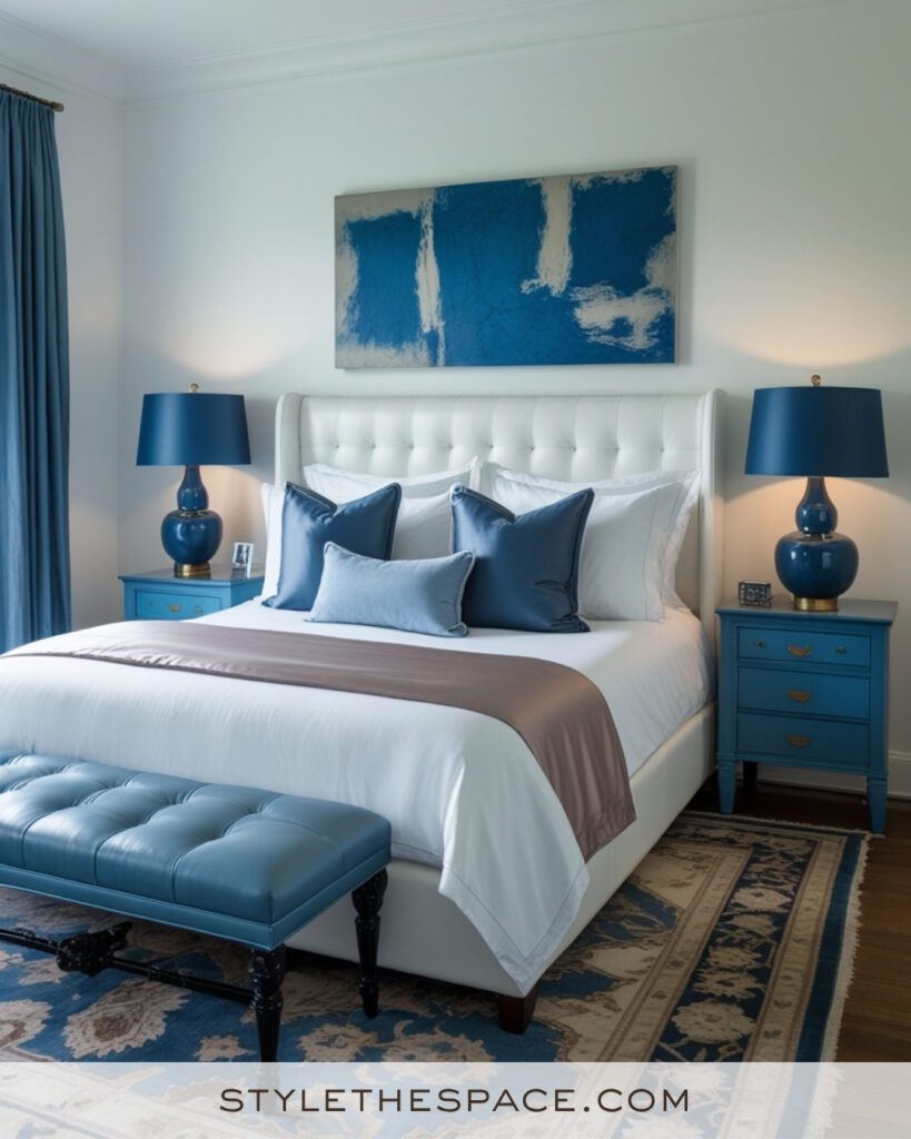 White Bedroom with Deep Blue and Soft Slate Accents