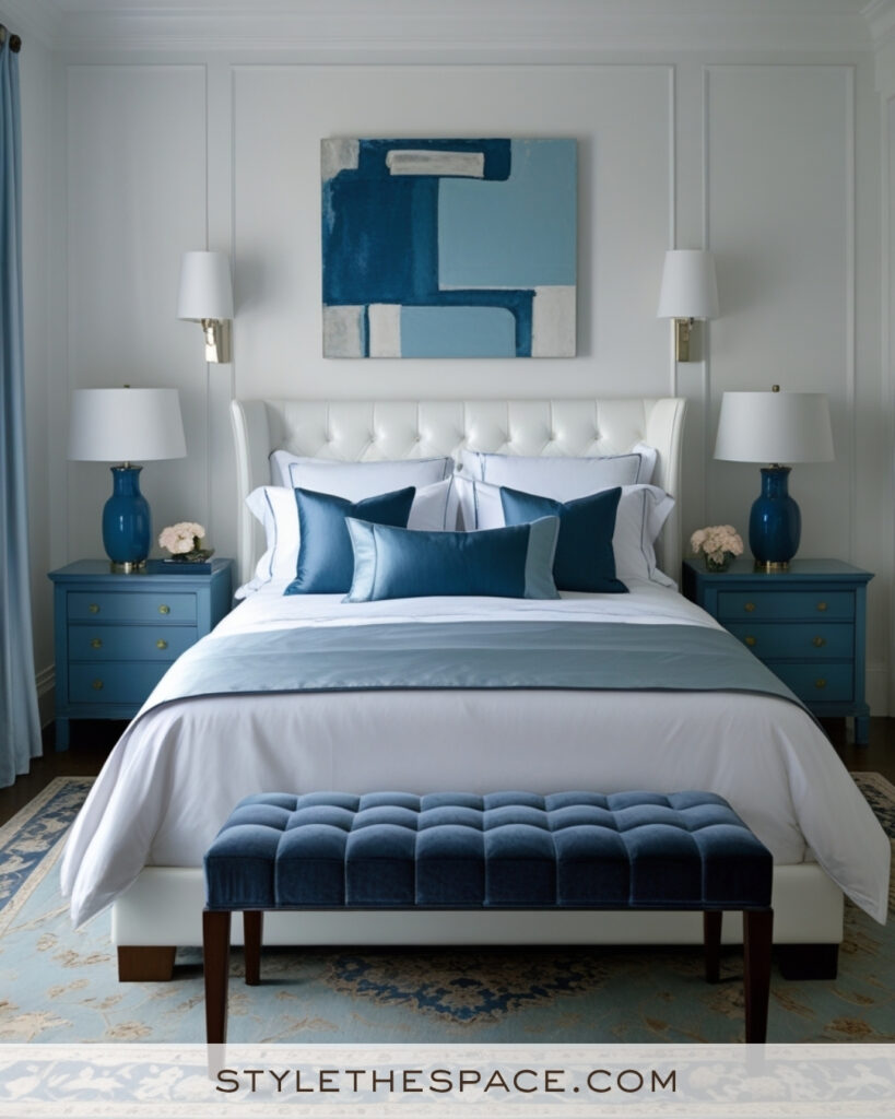 White Bedroom with Deep Blue and Soft Slate Accents