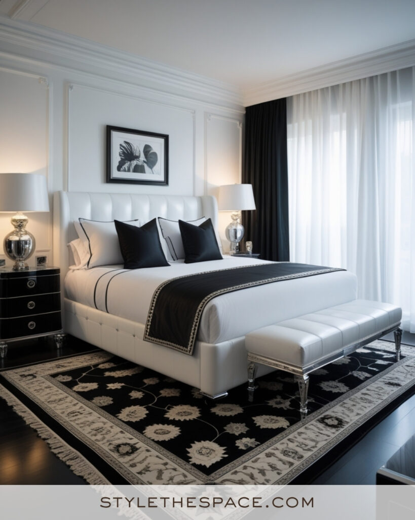 Elegant White Bedroom with Black and Silver Accents