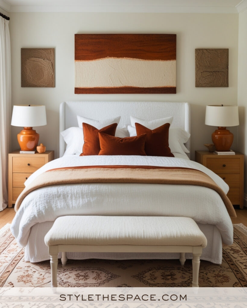 White Bedroom with Rust and Warm Neutral Accents