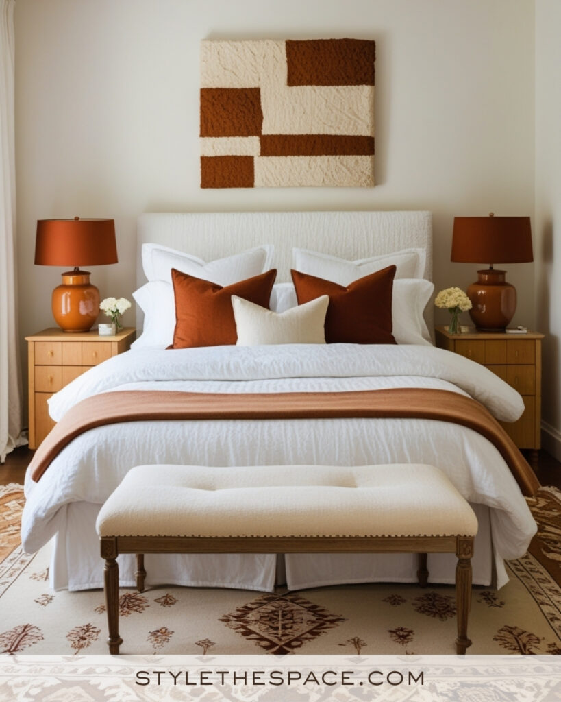 White Bedroom with Rust and Warm Neutral Accents