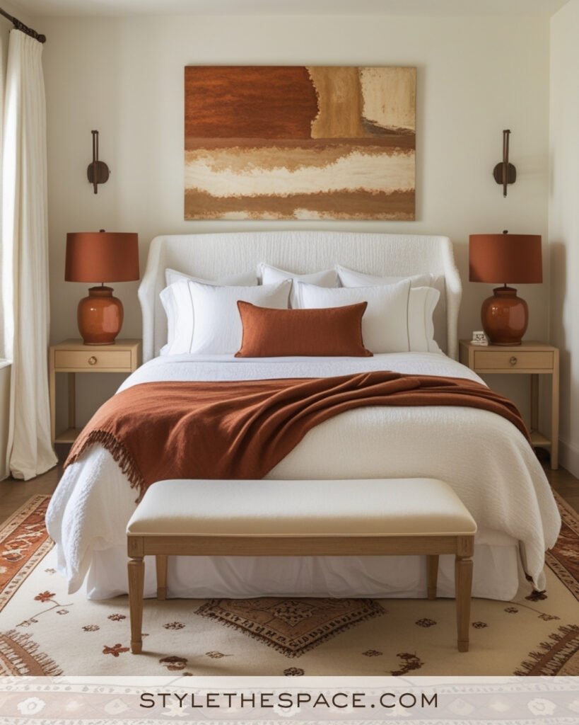 White Bedroom with Rust and Warm Neutral Accents