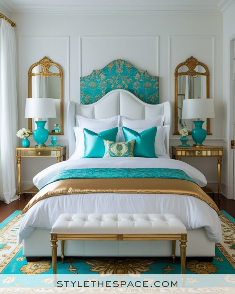White Bedroom with Turquoise and Gold Accents