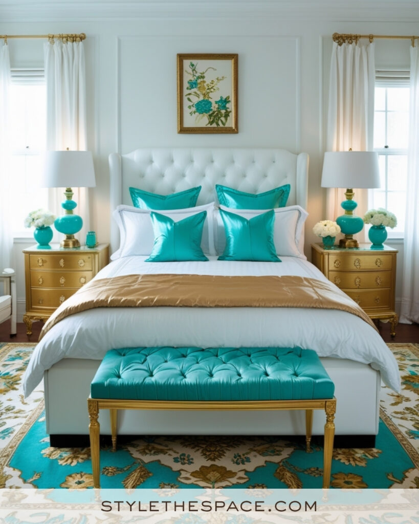 White Bedroom with Turquoise and Gold Accents