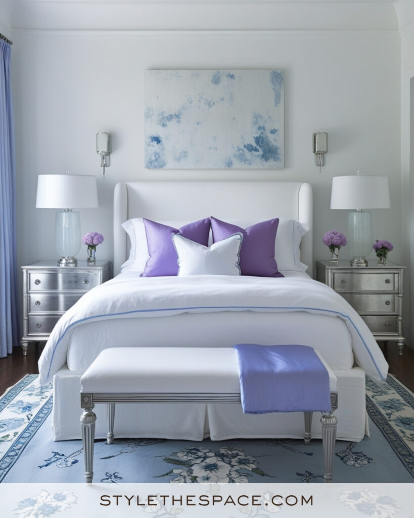 White Bedroom with Lavender and Silver Accents