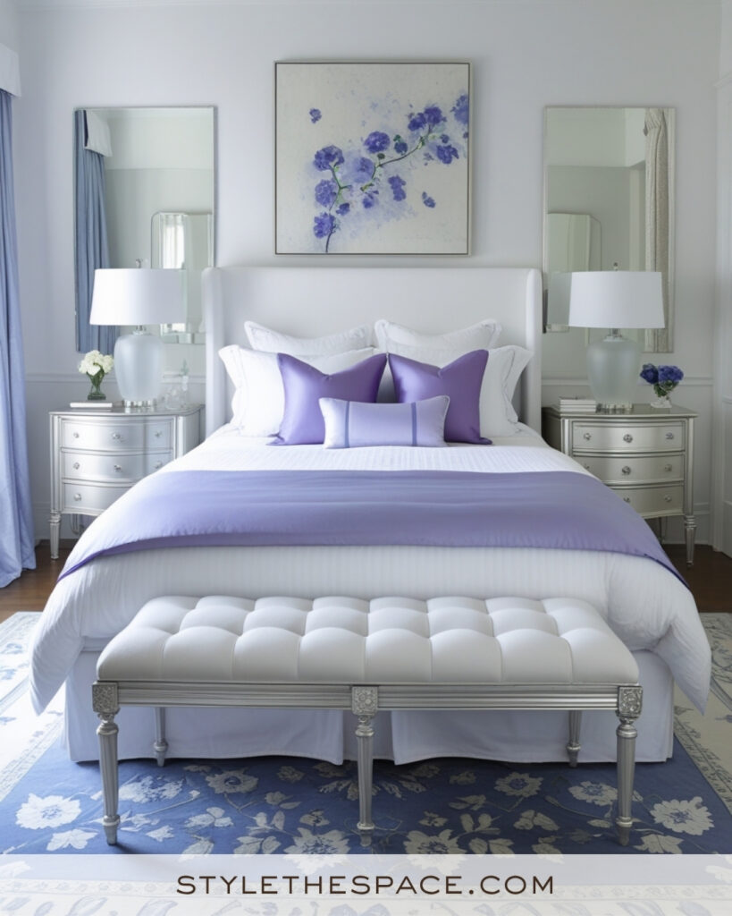 White Bedroom with Lavender and Silver Accents
