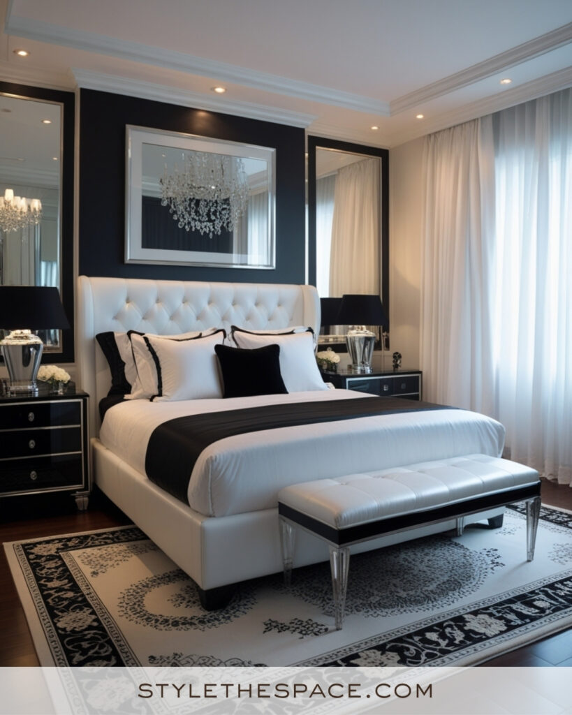 Elegant White Bedroom with Black and Silver Accents