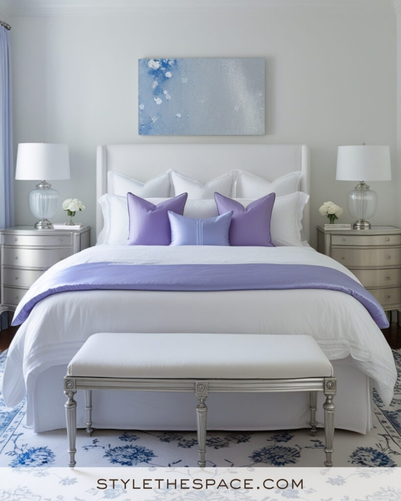 White Bedroom with Lavender and Silver Accents