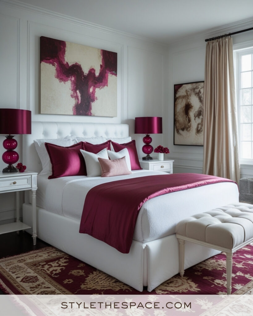 White Bedroom with Burgundy and Blush Accents