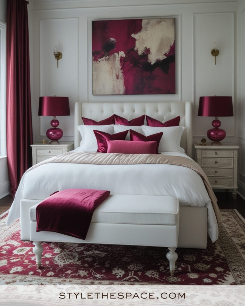 White Bedroom with Burgundy and Blush Accents