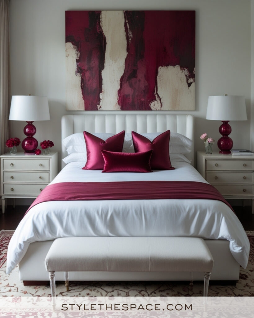 White Bedroom with Burgundy and Blush Accents