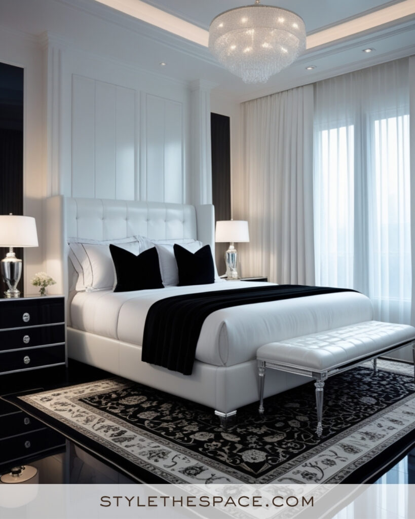 Elegant White Bedroom with Black and Silver Accents