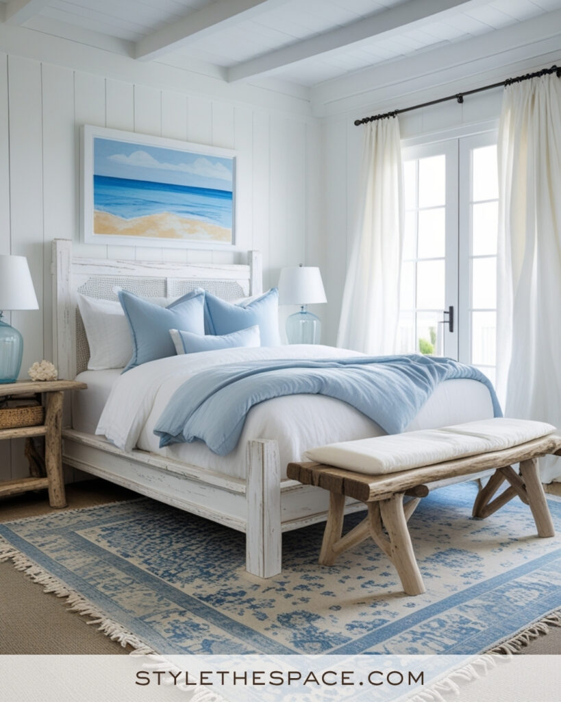 White Coastal Bedroom with Soft Blue Accents