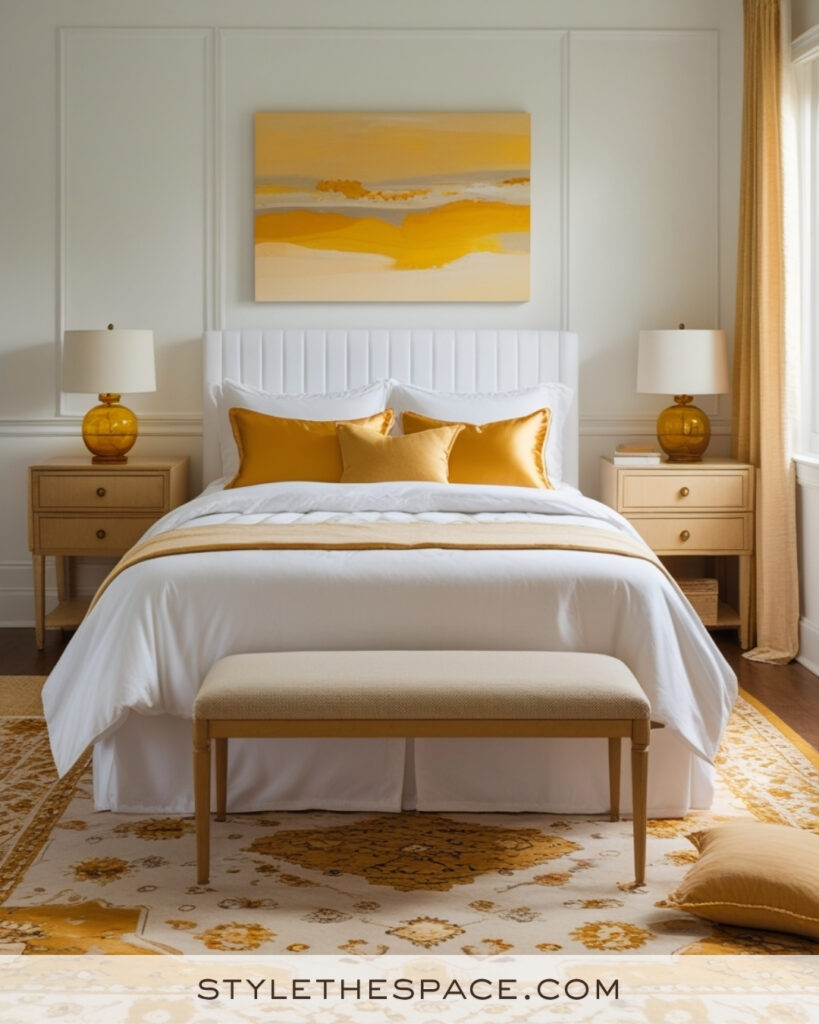 White Bedroom with Mustard Yellow Accents