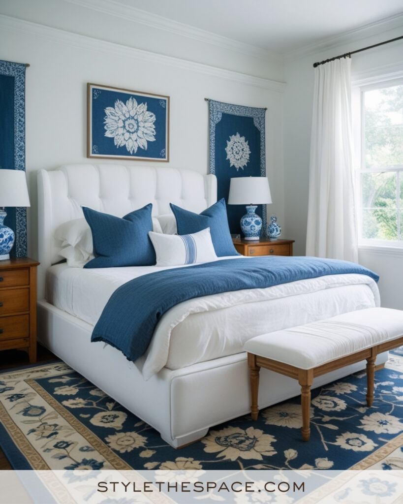 White Bedroom with Classic Blue Accents